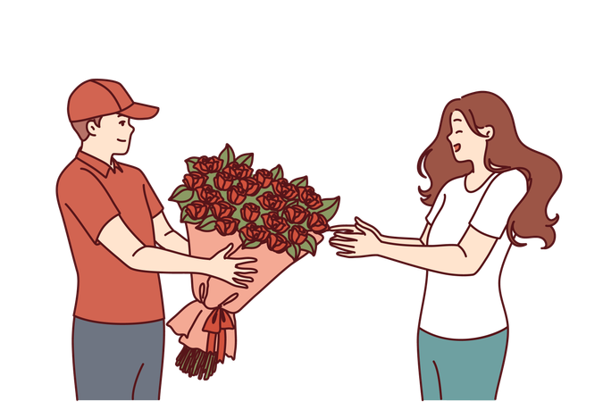 La fille reçoit le bouquet des fleurs  Illustration