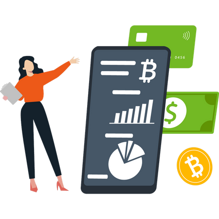 Fille regardant le graphique bitcoin  Illustration