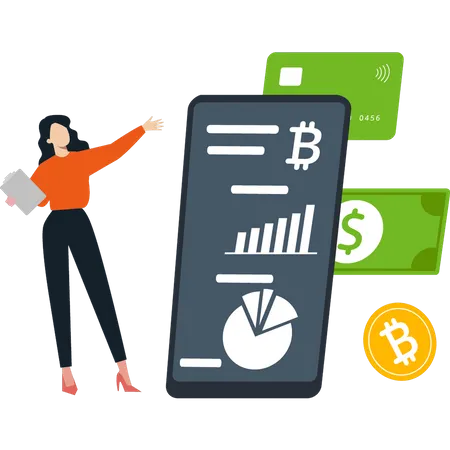 Fille regardant le graphique bitcoin  Illustration