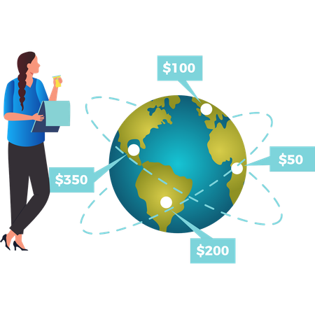 Fille regardant la connexion à l'économie mondiale  Illustration