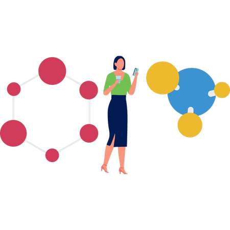 Fille regardant des molécules sur un mobile  Illustration