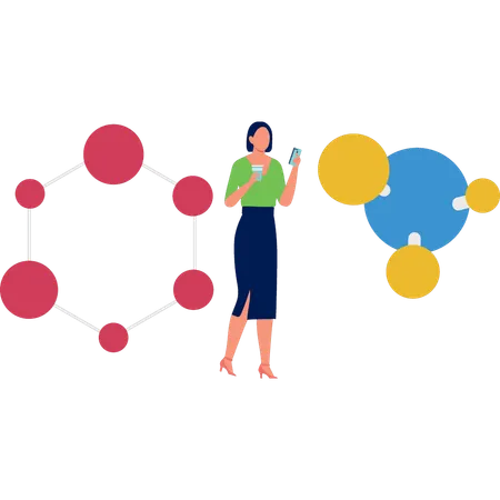 Fille regardant des molécules sur un mobile  Illustration