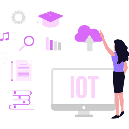 Fille regardant l'IOT sur un moniteur  Illustration