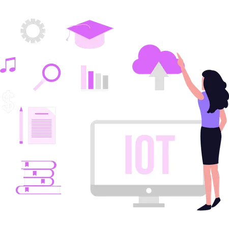 Fille regardant l'IOT sur un moniteur  Illustration