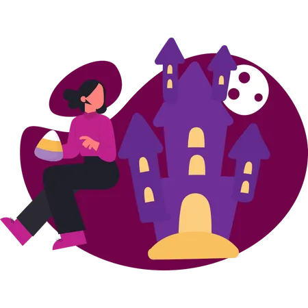 Fille regardant la maison d'Halloween  Illustration