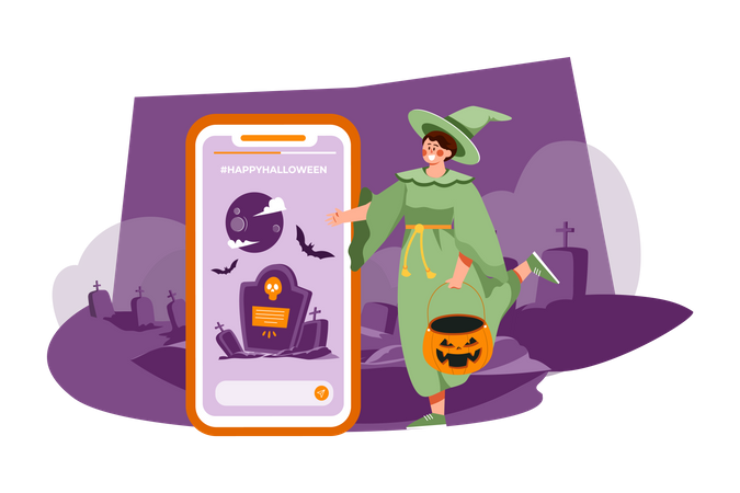 Fille regardant le post d'halloween  Illustration