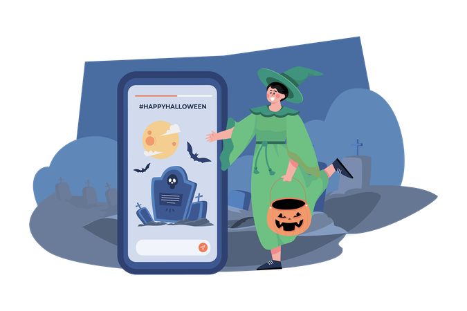 Fille regardant le post d'halloween  Illustration