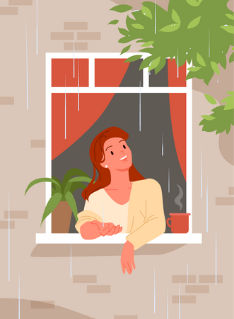 Fille regardant les précipitations en se tenant debout sur le rebord de la fenêtre  Illustration