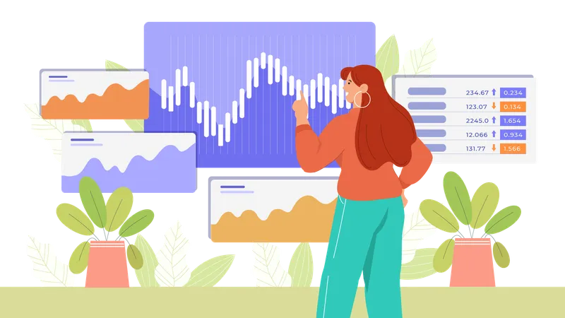 Fille regardant les analyses de marché  Illustration