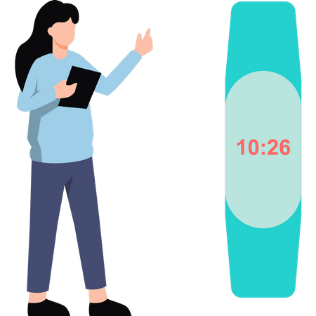 Fille regardant une montre-bracelet numérique  Illustration