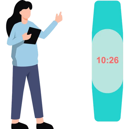 Fille regardant une montre-bracelet numérique  Illustration