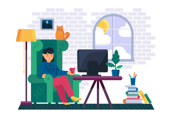 Fille regardant une chaîne de télévision à la maison  Illustration