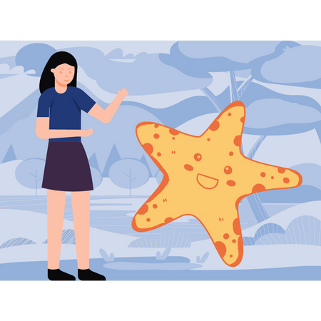Fille regardant une étoile de mer  Illustration