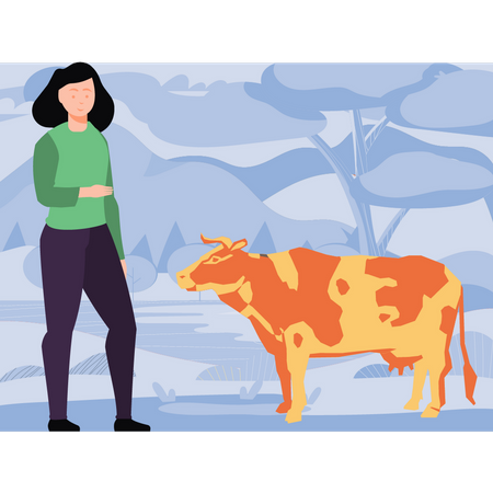 Fille regardant une vache  Illustration