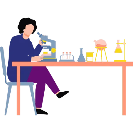 La fille regarde dans le microscope  Illustration