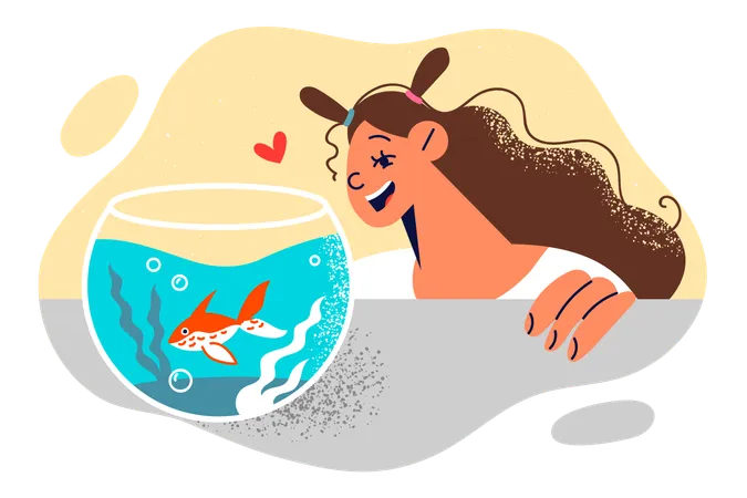 La fille regarde le pot à poisson  Illustration