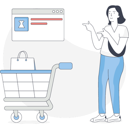 Une fille regarde un magasin d'achat en ligne  Illustration