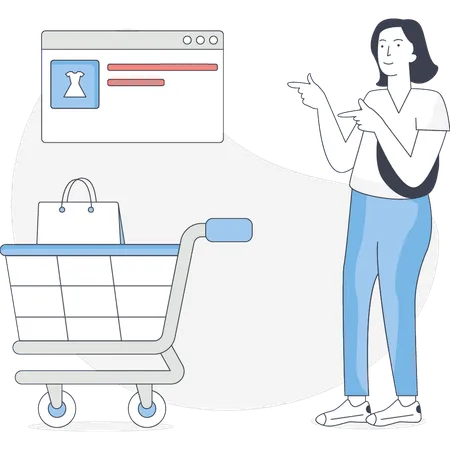 Une fille regarde un magasin d'achat en ligne  Illustration