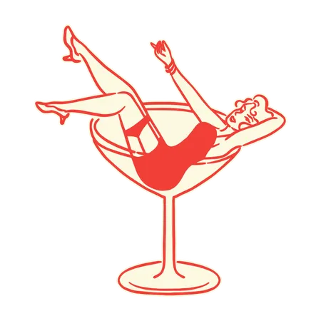 Fille relaxante dans un verre à cocktail rétro  Illustration