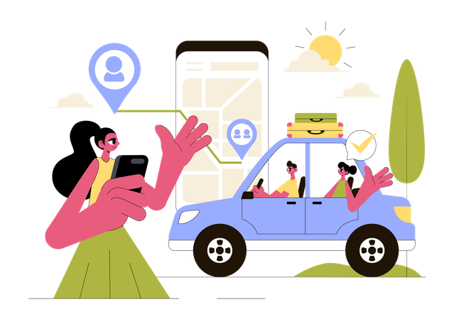 Fille réservant un taxi partagé  Illustration