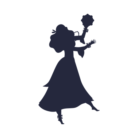 Fille gitane rom dansant en robe longue avec tambourin silhouette noire  Illustration