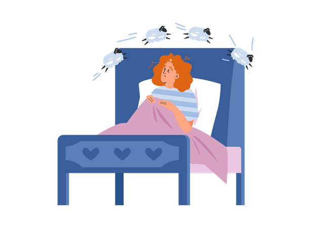 Une fille rousse épuisée ne peut pas dormir, s'assoit dans son lit et compte les moutons  Illustration