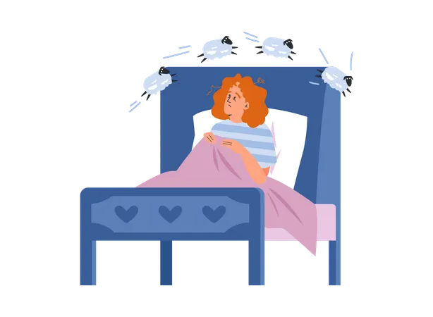 Une fille rousse épuisée ne peut pas dormir, s'assoit dans son lit et compte les moutons  Illustration