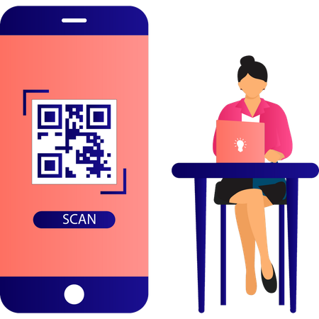 Fille scannant le code QR sur mobile  Illustration