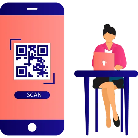 Fille scannant le code QR sur mobile  Illustration