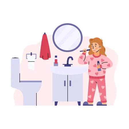 Fille se brossant les dents dans la salle de bain  Illustration