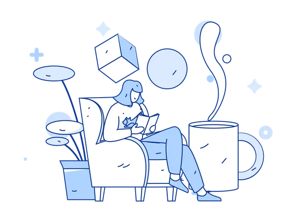 Fille se détendant avec un café tout en lisant un livre  Illustration