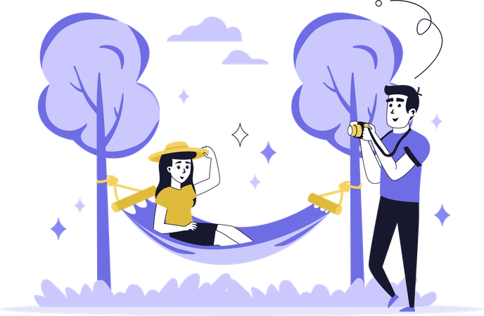 Fille se relaxant dans un hamac pendant un camp d'été  Illustration