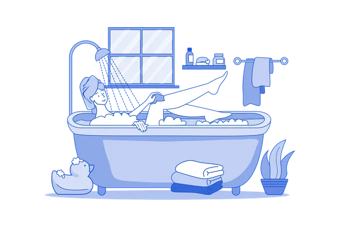 Fille se relaxant dans le bain pendant la quarantaine  Illustration