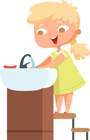 Fille se lavant les mains au lavabo  Illustration