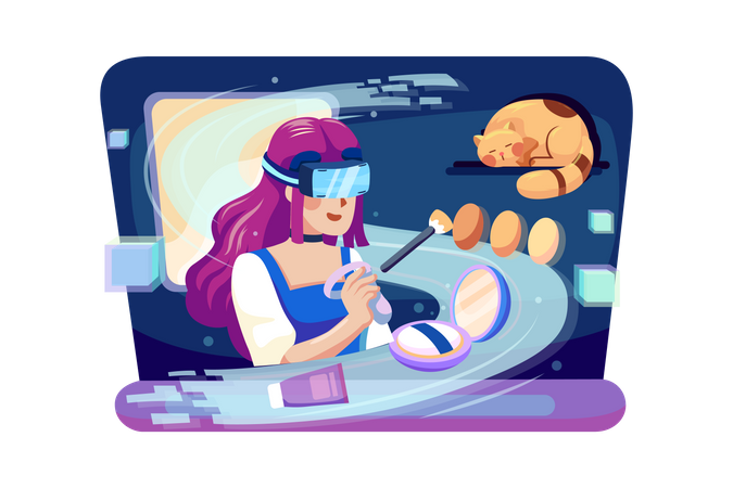 Fille se maquillant à l'aide de la technologie VR  Illustration