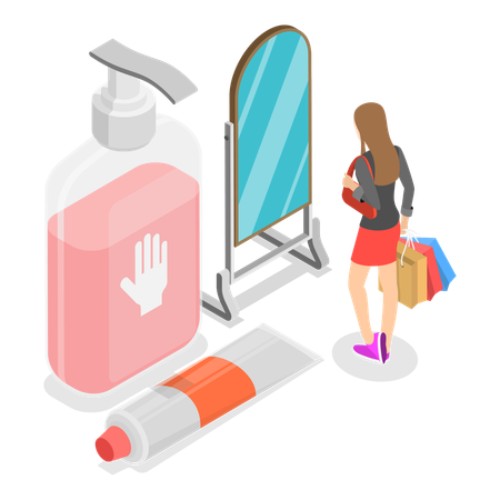 Fille se regardant dans le miroir tout en prenant soin de sa beauté et de sa santé  Illustration