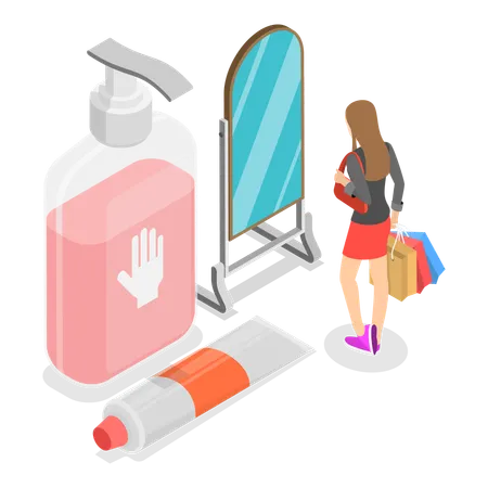 Fille se regardant dans le miroir tout en prenant soin de sa beauté et de sa santé  Illustration