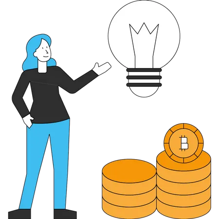 Une fille se tient avec l'idée d'un bitcoin  Illustration