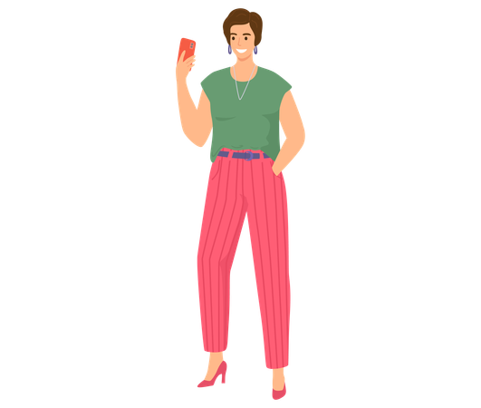 Une fille se tient debout avec un téléphone dans ses mains et regarde l'écran  Illustration