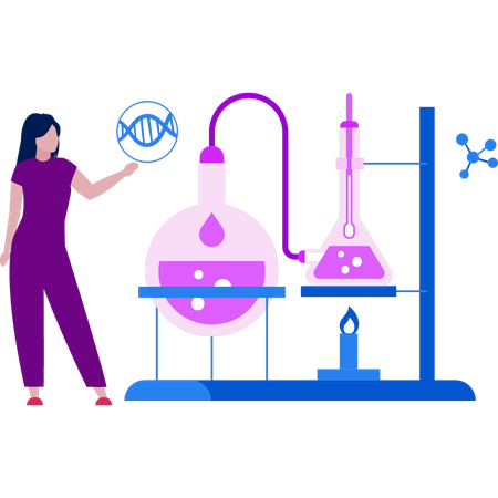 Une fille se tient près du support du brûleur dans un laboratoire scientifique  Illustration