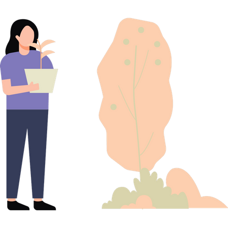 Fille se tient près d’un arbre avec une plante  Illustration