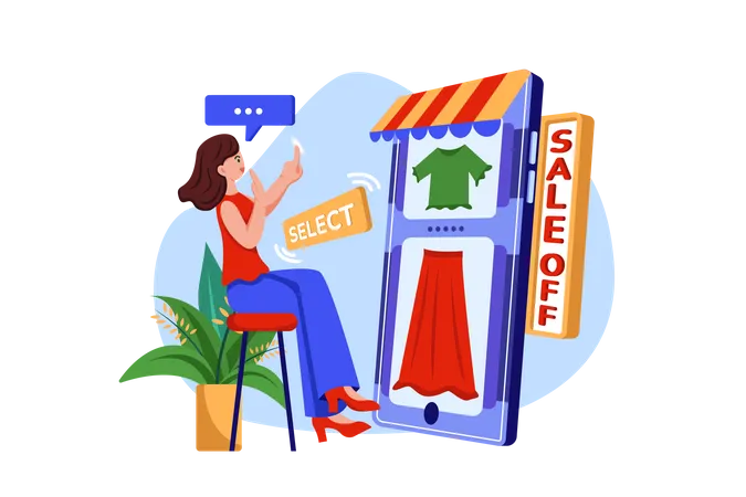 Fille sélectionnant des vêtements sur un site d'achat en ligne  Illustration