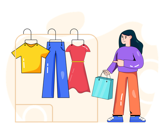 Fille sélectionnant une robe au centre commercial  Illustration