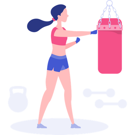 Pratique de fille avec un sac de boxe pour le fitness  Illustration