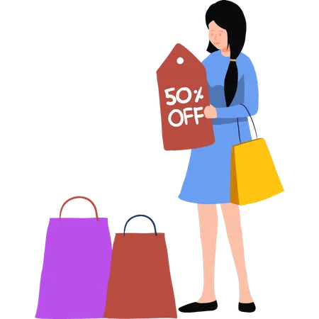 Fille faisant du shopping à 50 % de réduction  Illustration