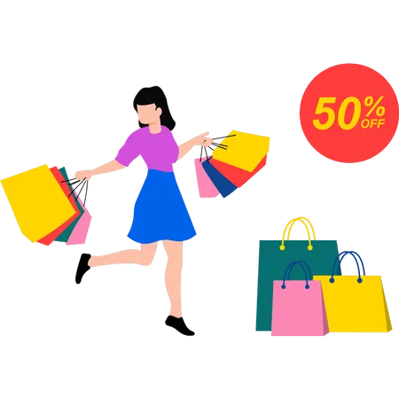 Fille faisant du shopping à 50 % de réduction  Illustration