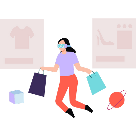 Fille faisant du shopping avec des lunettes VR  Illustration