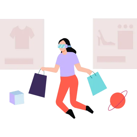 Fille faisant du shopping avec des lunettes VR  Illustration