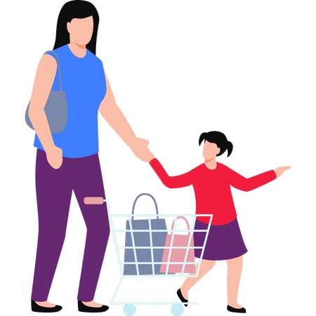 Fille faisant du shopping avec son enfant  Illustration