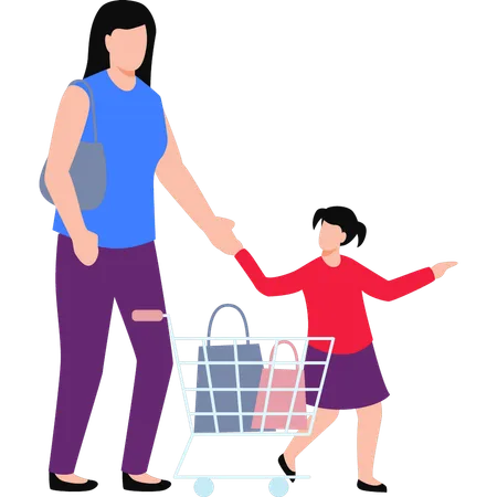 Fille faisant du shopping avec son enfant  Illustration